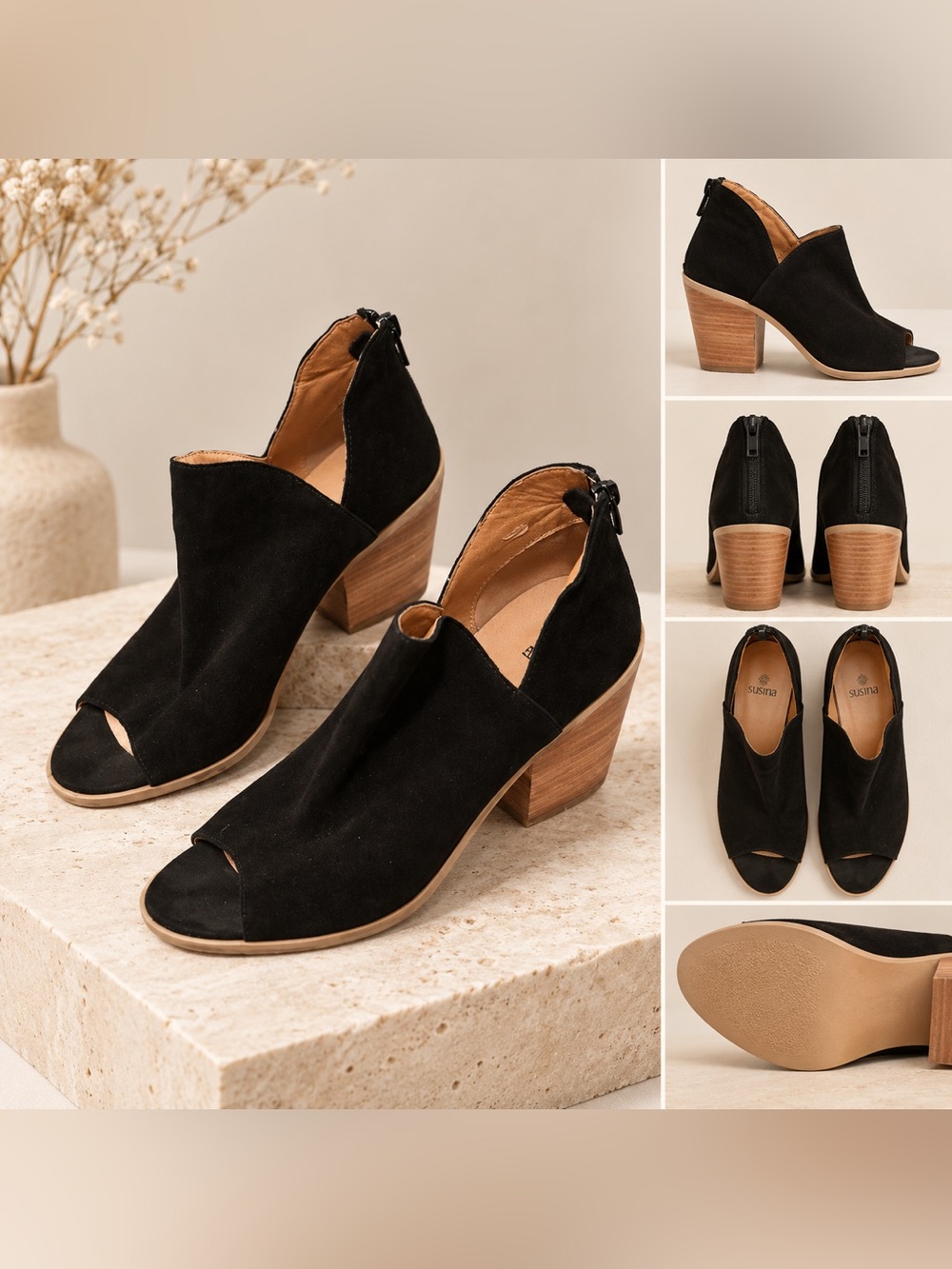 Susina Black Suede Peep-Toe Block Heel Sandals